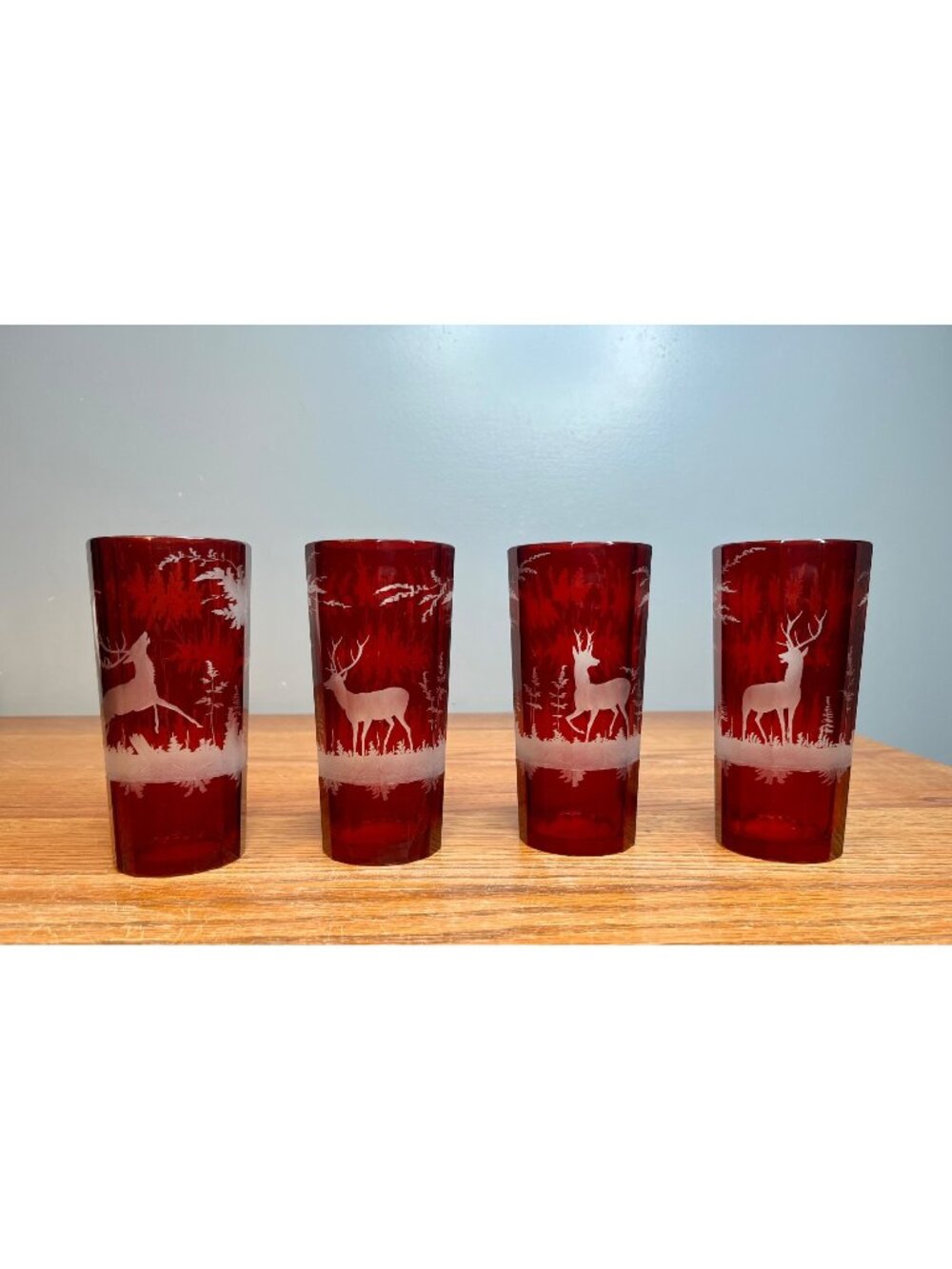 Set of 4 OLD Egermann Bohemian Ruby Red Cut To Clear Deer Scene Thick Glass Tum